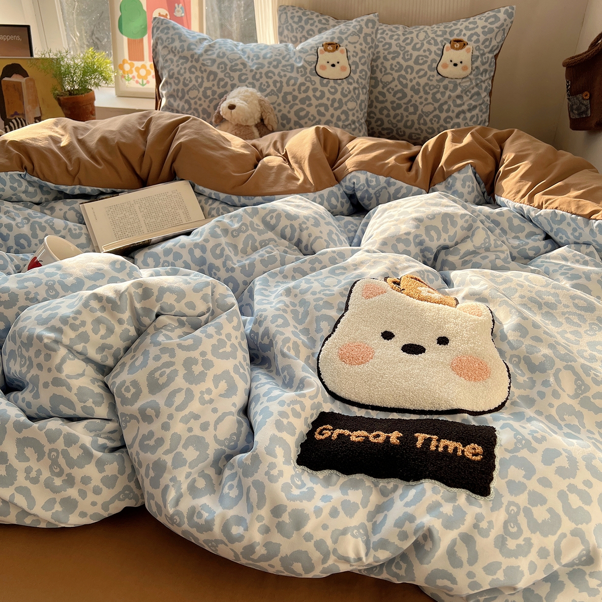 91家纺网 家纺一手货源 找家纺 初夏家纺 2026 毛巾绣四件套A类仿棉105g 卡通可爱【提供买家秀】 毛巾绣-豹纹咖啡