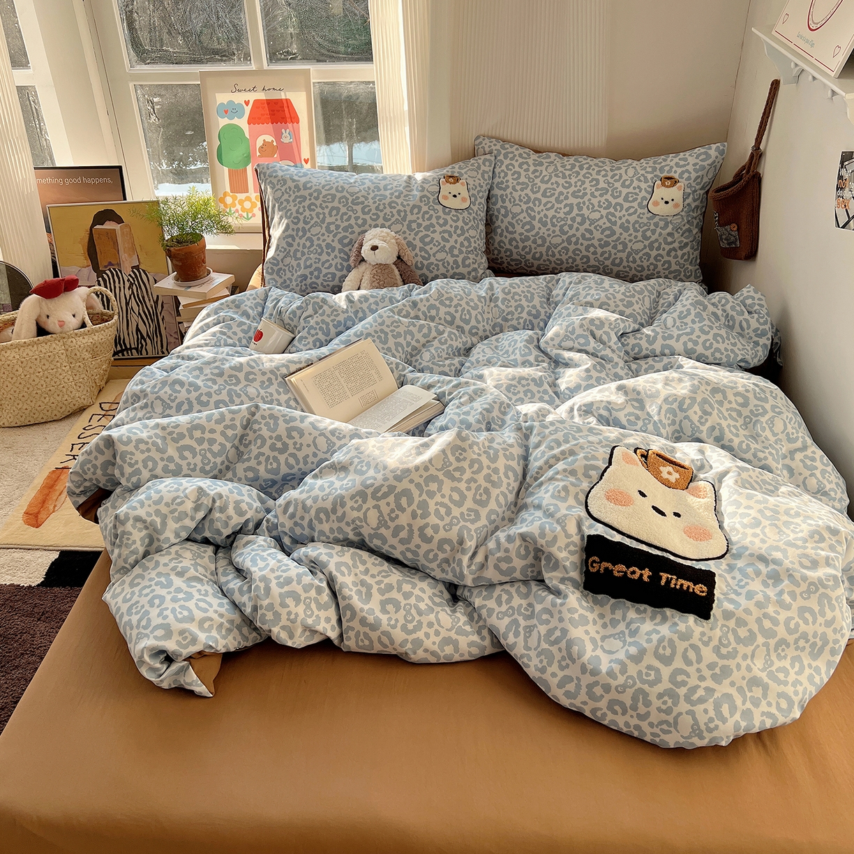 91家纺网 家纺一手货源 找家纺 初夏家纺 2026 毛巾绣四件套A类仿棉105g 卡通可爱【提供买家秀】 毛巾绣-豹纹咖啡