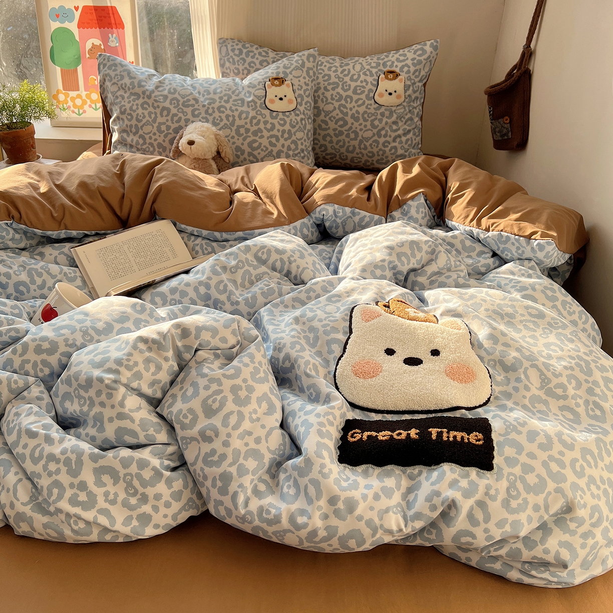 91家纺网 家纺一手货源 找家纺 初夏家纺 2026 毛巾绣四件套A类仿棉105g 卡通可爱【提供买家秀】 毛巾绣-豹纹咖啡