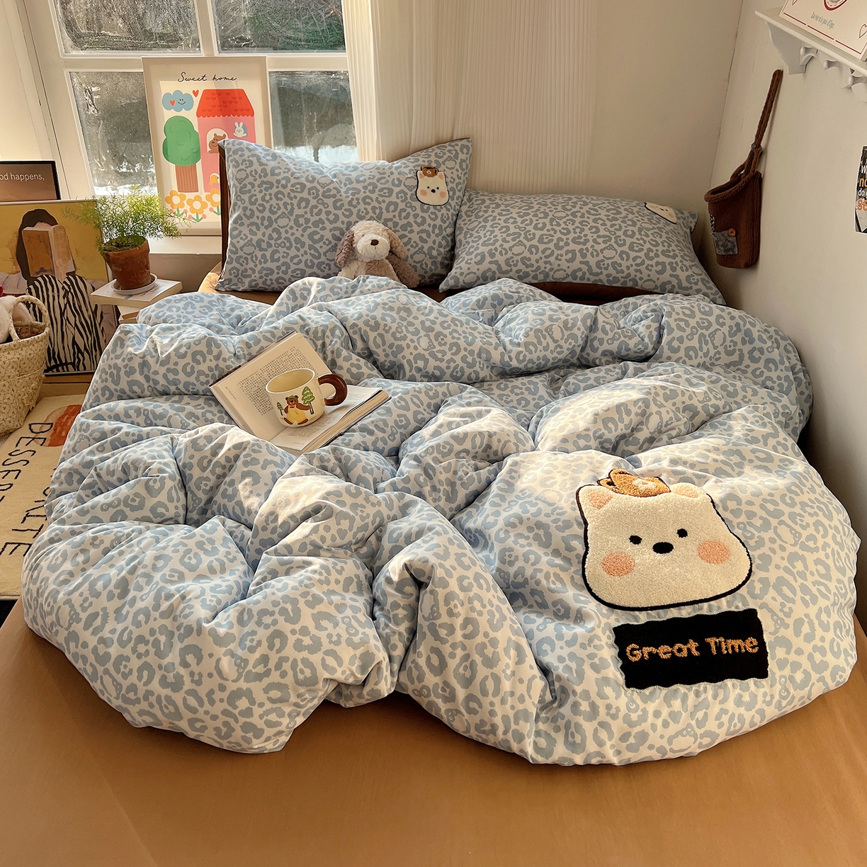 91家纺网 家纺一手货源 找家纺 初夏家纺 2026 毛巾绣四件套A类仿棉105g 卡通可爱【提供买家秀】 毛巾绣-豹纹咖啡