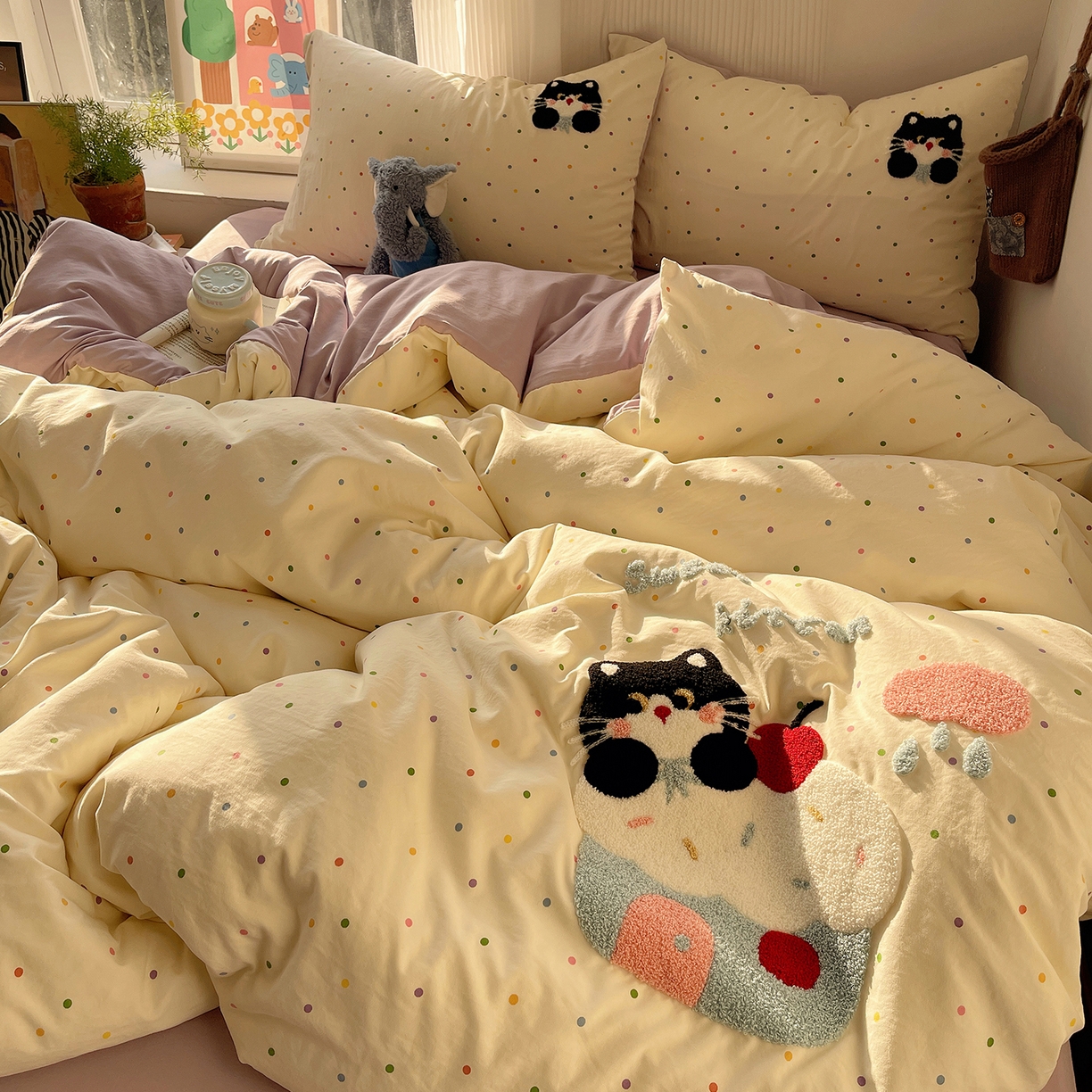 91家纺网 家纺一手货源 找家纺 初夏家纺 2026 毛巾绣四件套A类仿棉105g 卡通可爱【提供买家秀】 毛巾绣-猫咪小窝