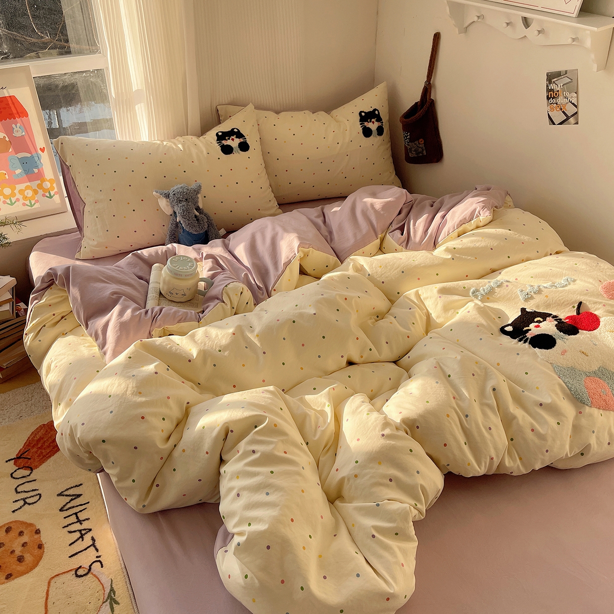 91家纺网 家纺一手货源 找家纺 初夏家纺 2026 毛巾绣四件套A类仿棉105g 卡通可爱【提供买家秀】 毛巾绣-猫咪小窝