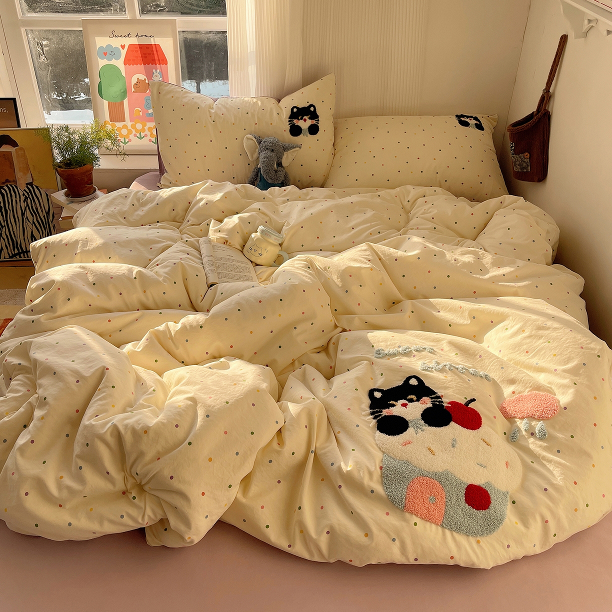 91家纺网 家纺一手货源 找家纺 初夏家纺 2026 毛巾绣四件套A类仿棉105g 卡通可爱【提供买家秀】 毛巾绣-猫咪小窝