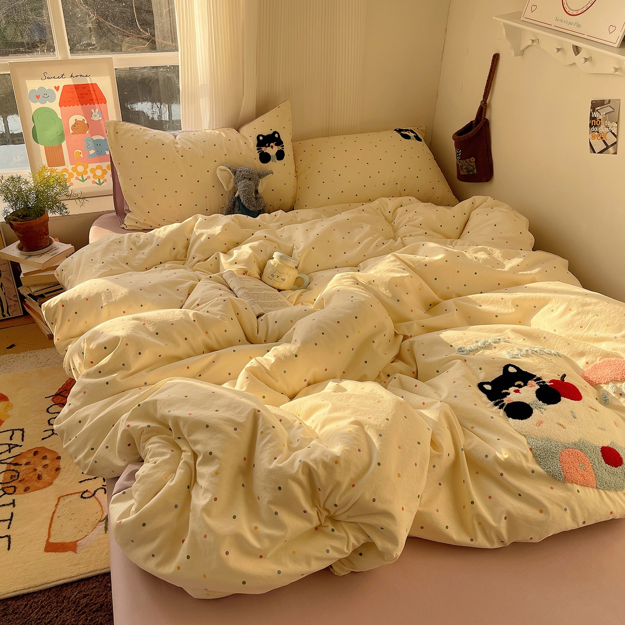 91家纺网 家纺一手货源 找家纺 初夏家纺 2026 毛巾绣四件套A类仿棉105g 卡通可爱【提供买家秀】 毛巾绣-猫咪小窝