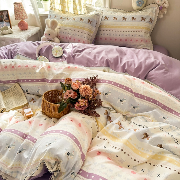 91家纺网 家纺一手货源 找家纺 一比一家纺 2026新款A类仿棉古法水洗棉法式全棉花边四件套 彩虹小马