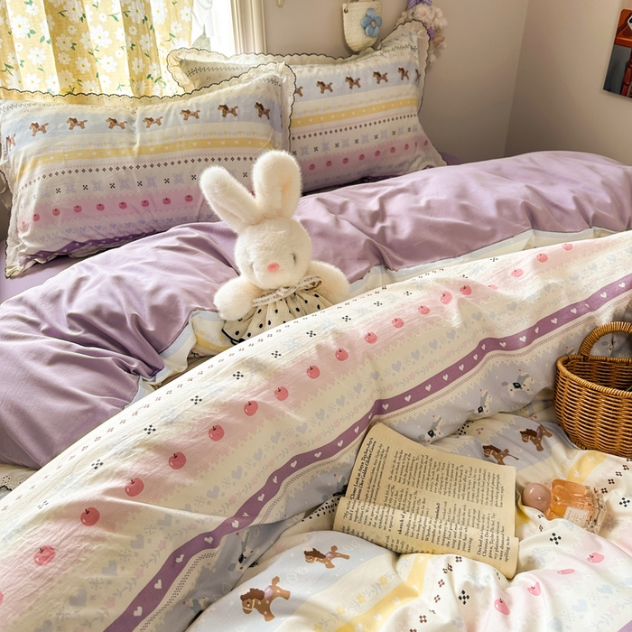 91家纺网 家纺一手货源 找家纺 一比一家纺 2026新款A类仿棉古法水洗棉法式全棉花边四件套 彩虹小马