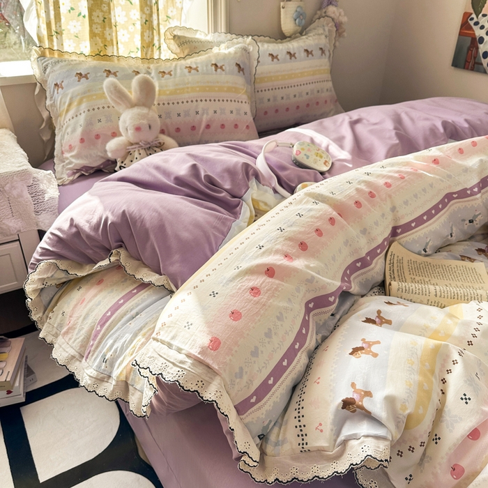 91家纺网 家纺一手货源 找家纺 一比一家纺 2026新款A类仿棉古法水洗棉法式全棉花边四件套 彩虹小马