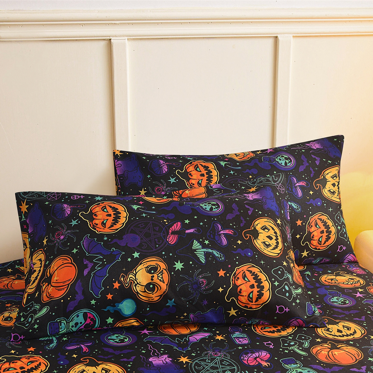 91家纺网 家纺一手货源 找家纺 （总）柏钧家纺 2026新款万圣节元素85g芦荟棉外贸尺寸可定制单品床笠跨境直播床笠三件套