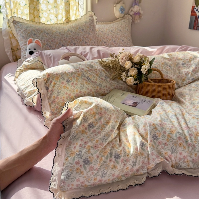 91家纺网 家纺一手货源 找家纺 一比一家纺 2026新款A类仿棉古法水洗棉法式全棉花边四件套 花千朵