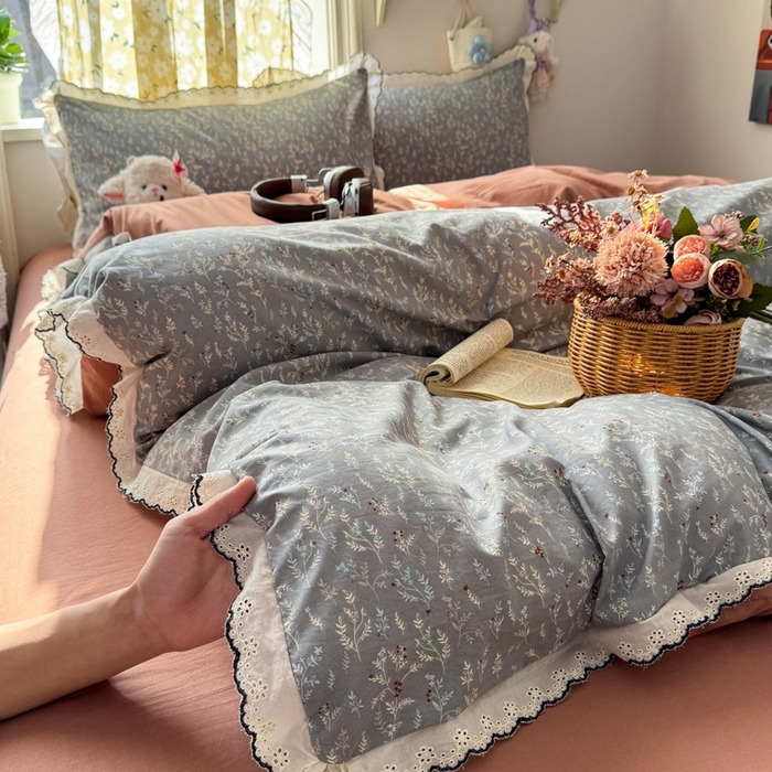 91家纺网 家纺一手货源 找家纺 一比一家纺 2026新款A类仿棉古法水洗棉法式全棉花边四件套 灰棠