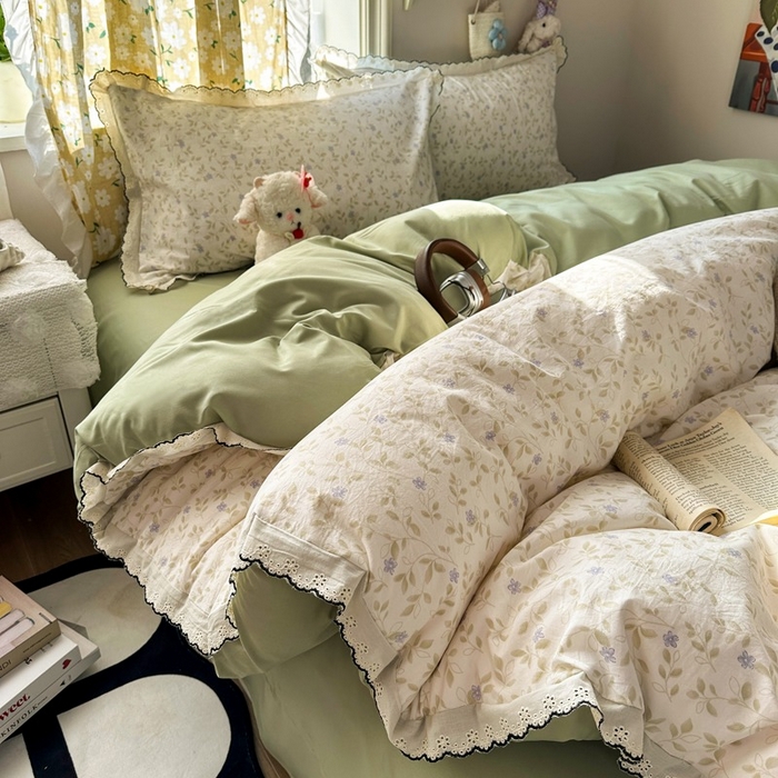 91家纺网 家纺一手货源 找家纺 一比一家纺 2026新款A类仿棉古法水洗棉法式全棉花边四件套 春日絮语