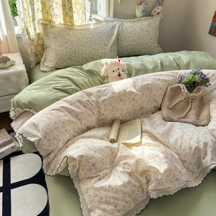 91家纺网 家纺一手货源 找家纺 一比一家纺 2026新款A类仿棉古法水洗棉法式全棉花边四件套 春日絮语