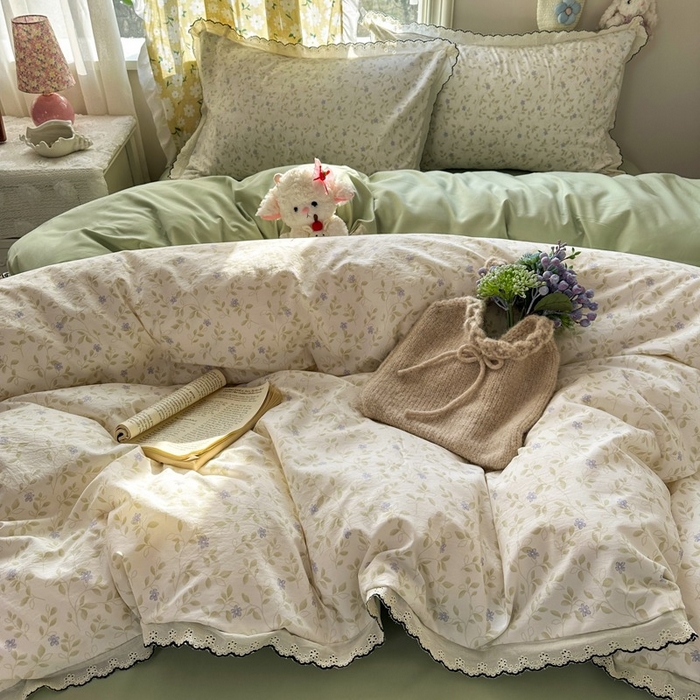 91家纺网 家纺一手货源 找家纺 一比一家纺 2026新款A类仿棉古法水洗棉法式全棉花边四件套 春日絮语