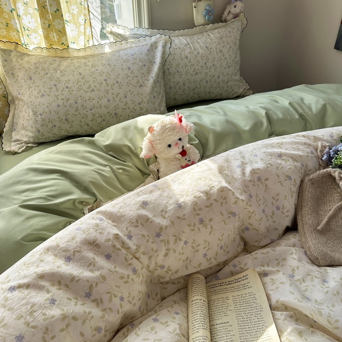 91家纺网 家纺一手货源 找家纺 一比一家纺 2026新款A类仿棉古法水洗棉法式全棉花边四件套 春日絮语