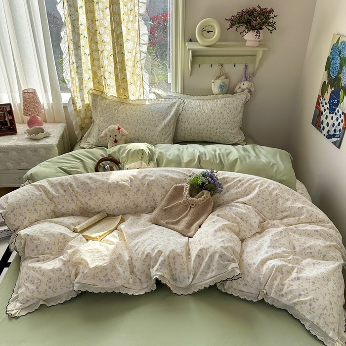 91家纺网 家纺一手货源 找家纺 一比一家纺 2026新款A类仿棉古法水洗棉法式全棉花边四件套 春日絮语