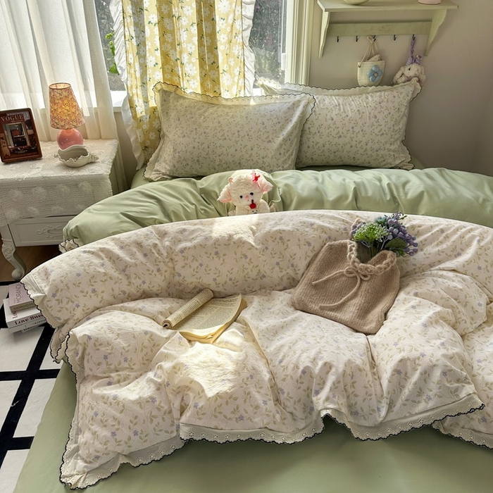 91家纺网 家纺一手货源 找家纺 一比一家纺 2026新款A类仿棉古法水洗棉法式全棉花边四件套 春日絮语