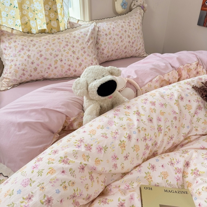 91家纺网 家纺一手货源 找家纺 一比一家纺 2026新款A类仿棉古法水洗棉法式全棉花边四件套 粉漾