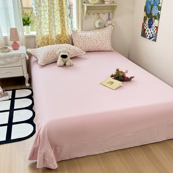 91家纺网 家纺一手货源 找家纺 一比一家纺 2026新款A类仿棉古法水洗棉法式全棉花边四件套 粉漾