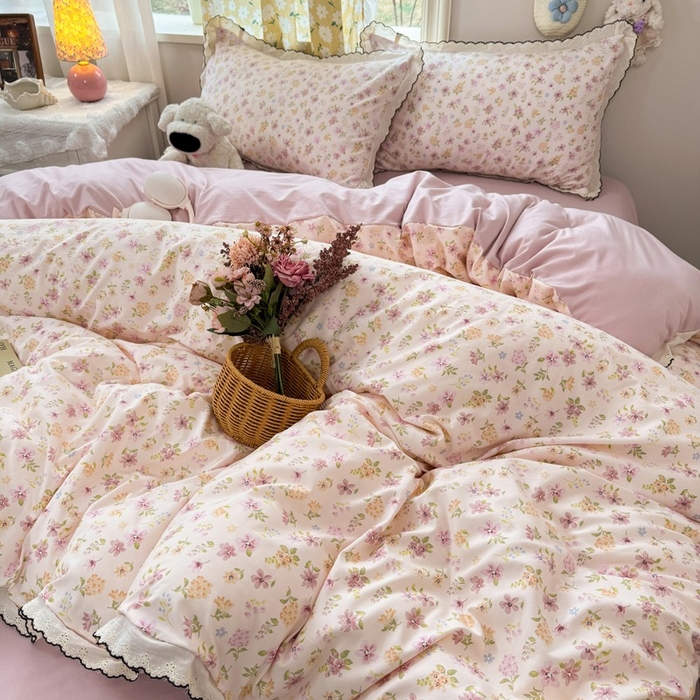 91家纺网 家纺一手货源 找家纺 一比一家纺 2026新款A类仿棉古法水洗棉法式全棉花边四件套 粉漾