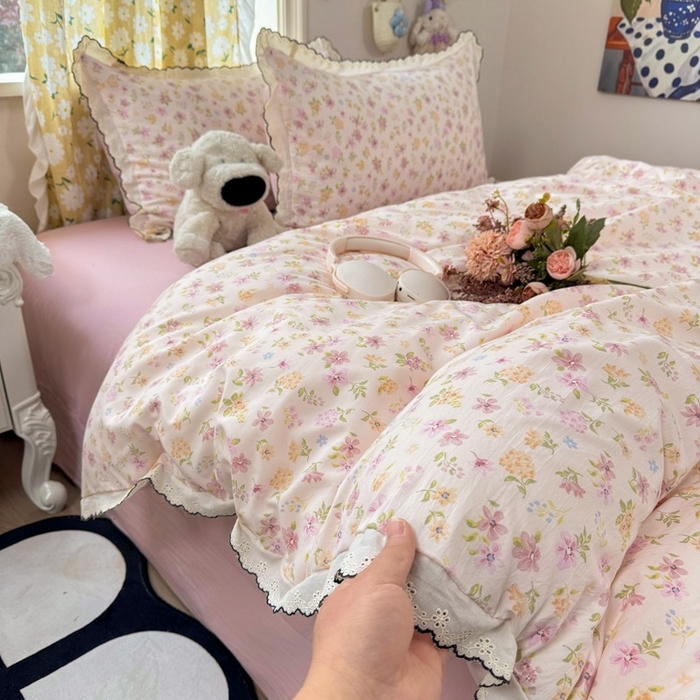 91家纺网 家纺一手货源 找家纺 一比一家纺 2026新款A类仿棉古法水洗棉法式全棉花边四件套 粉漾