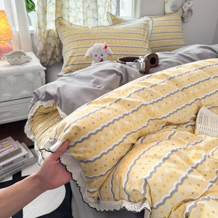 91家纺网 家纺一手货源 找家纺 一比一家纺 2026新款A类仿棉古法水洗棉法式全棉花边四件套 海盐奶酪