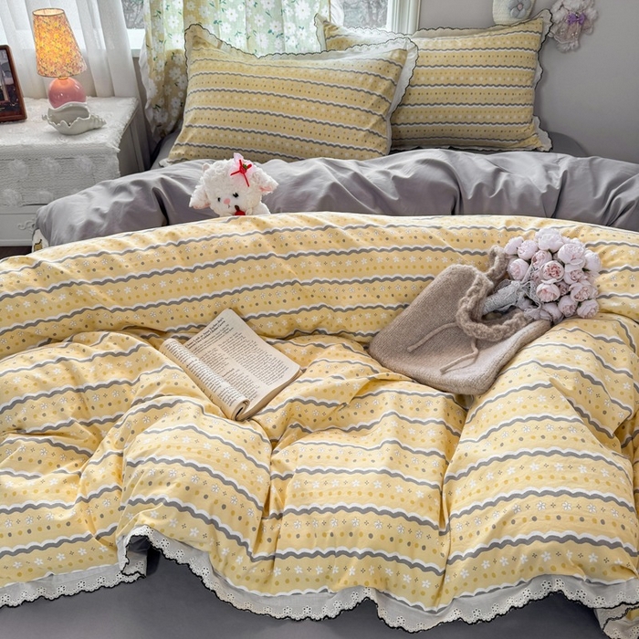 91家纺网 家纺一手货源 找家纺 一比一家纺 2026新款A类仿棉古法水洗棉法式全棉花边四件套 海盐奶酪