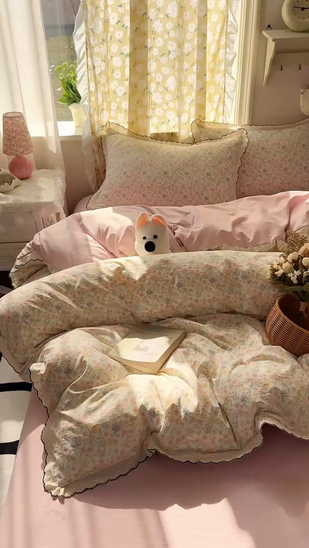 91家纺网 家纺一手货源 找家纺 一比一家纺 2026新款A类仿棉古法水洗棉法式全棉花边四件套 花千朵