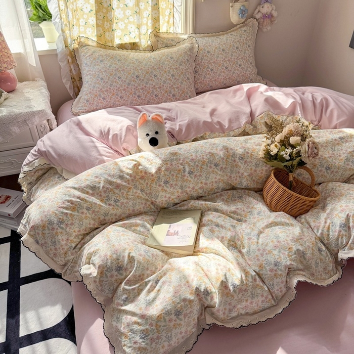 91家纺网 家纺一手货源 找家纺 一比一家纺 2026新款A类仿棉古法水洗棉法式全棉花边四件套 花千朵