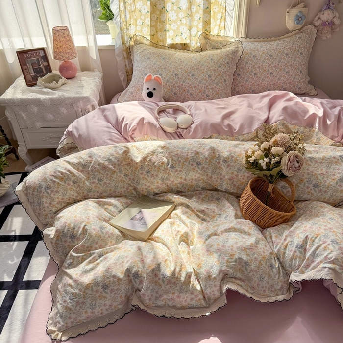 91家纺网 家纺一手货源 找家纺 一比一家纺 2026新款A类仿棉古法水洗棉法式全棉花边四件套 花千朵