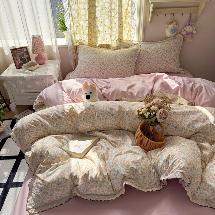 91家纺网 家纺一手货源 找家纺 一比一家纺 2026新款A类仿棉古法水洗棉法式全棉花边四件套 花千朵