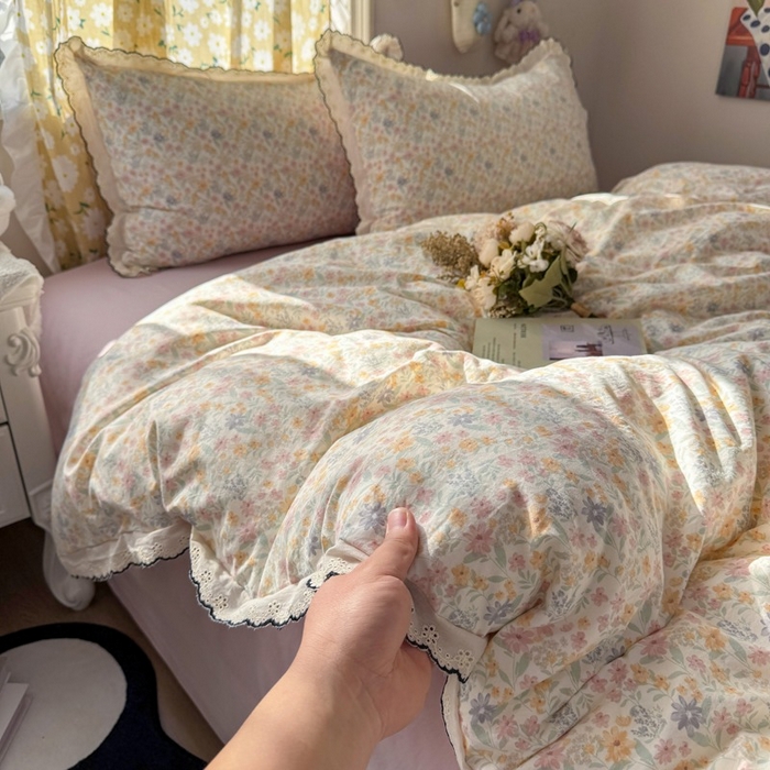 91家纺网 家纺一手货源 找家纺 一比一家纺 2026新款A类仿棉古法水洗棉法式全棉花边四件套 花千朵