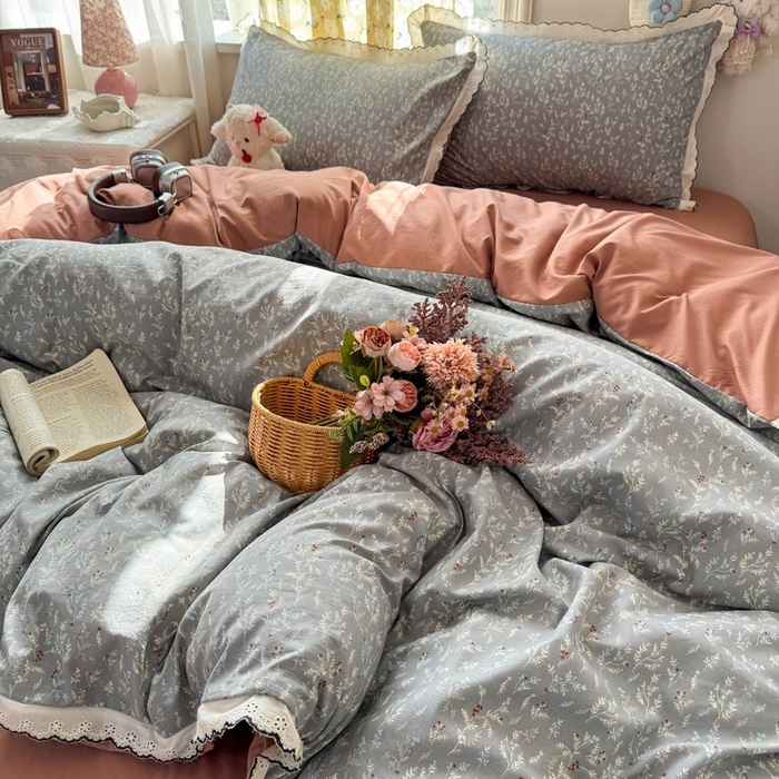 91家纺网 家纺一手货源 找家纺 一比一家纺 2026新款A类仿棉古法水洗棉法式全棉花边四件套 灰棠