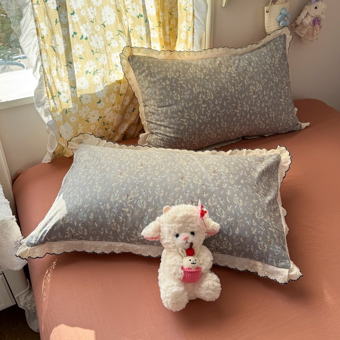 91家纺网 家纺一手货源 找家纺 一比一家纺 2026新款A类仿棉古法水洗棉法式全棉花边四件套 灰棠