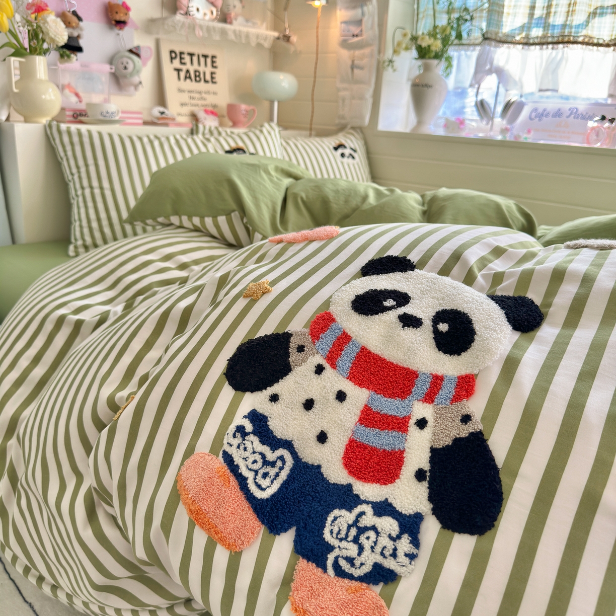 91家纺网 家纺一手货源 找家纺 优卡迪家纺馆 2026新款A类亲肤水洗棉毛巾绣系列四件套下载文件包含买家秀 功夫熊猫-抹绿