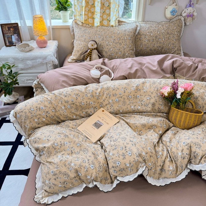 91家纺网 家纺一手货源 找家纺 一比一家纺 2026新款A类仿棉古法水洗棉法式全棉花边四件套 美式