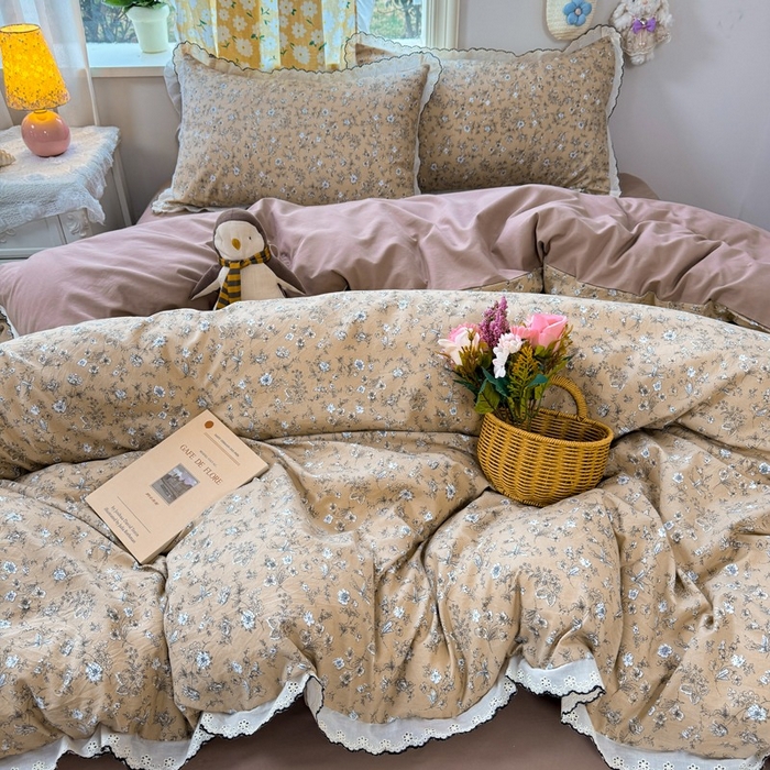 91家纺网 家纺一手货源 找家纺 一比一家纺 2026新款A类仿棉古法水洗棉法式全棉花边四件套 美式