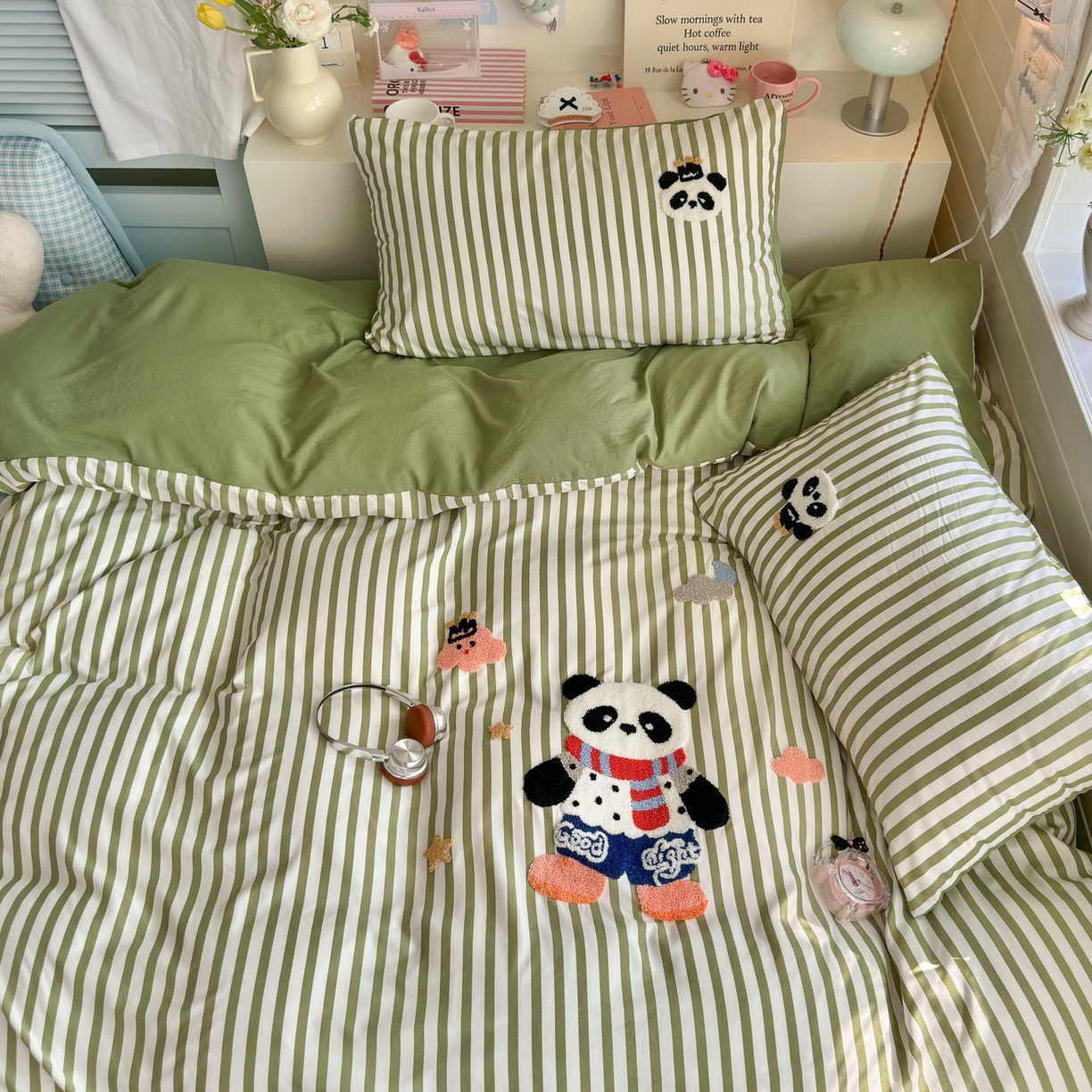 91家纺网 家纺一手货源 找家纺 优卡迪家纺馆 2026新款A类亲肤水洗棉毛巾绣系列四件套下载文件包含买家秀 功夫熊猫-抹绿