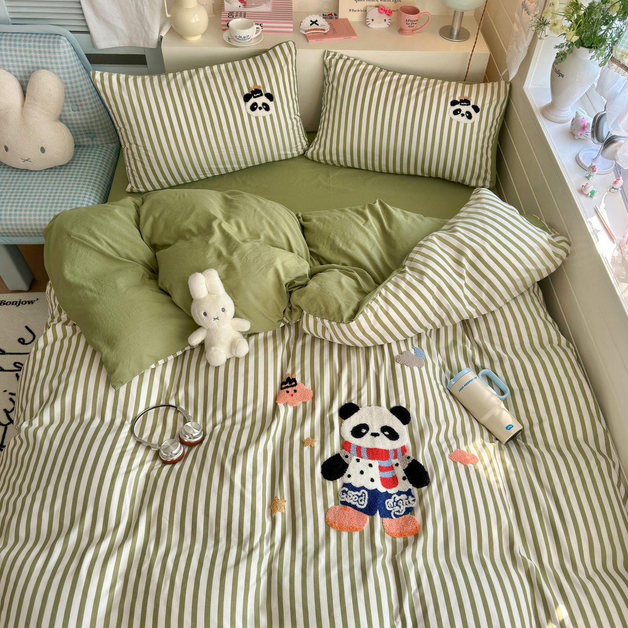 91家纺网 家纺一手货源 找家纺 优卡迪家纺馆 2026新款A类亲肤水洗棉毛巾绣系列四件套下载文件包含买家秀 功夫熊猫-抹绿