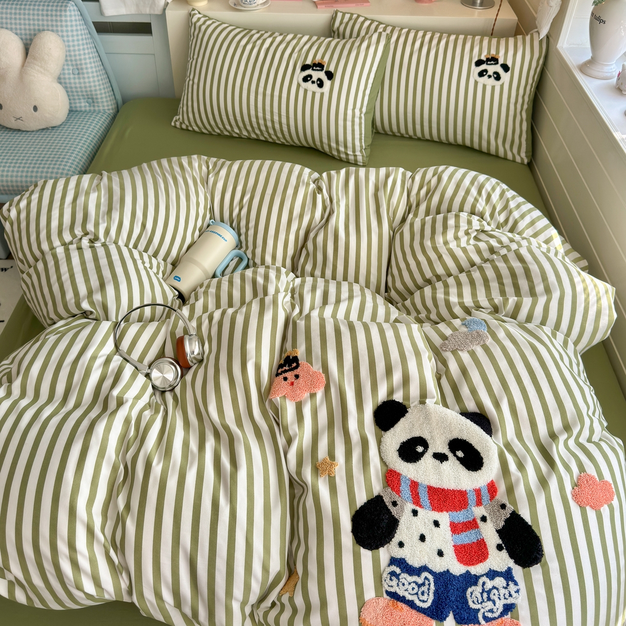 91家纺网 家纺一手货源 找家纺 优卡迪家纺馆 2026新款A类亲肤水洗棉毛巾绣系列四件套下载文件包含买家秀 功夫熊猫-抹绿