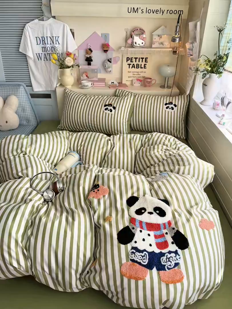 91家纺网 家纺一手货源 找家纺 优卡迪家纺馆 2026新款A类亲肤水洗棉毛巾绣系列四件套下载文件包含买家秀 功夫熊猫-抹绿