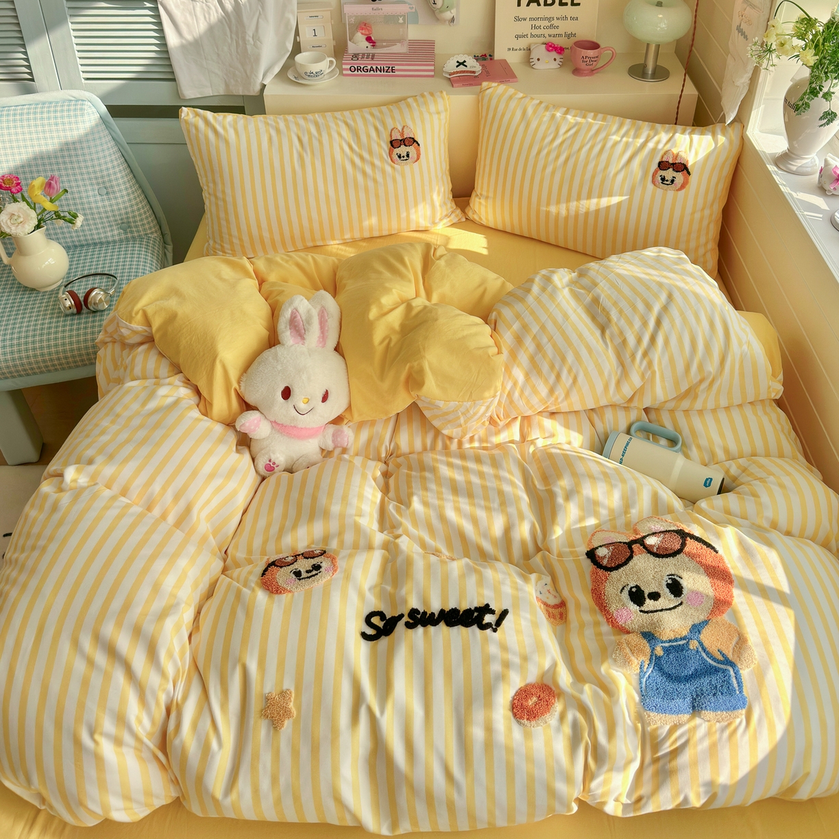 优卡迪家纺馆 2026新款A类亲肤水洗棉毛巾绣系列四件套下载文件包含买家秀 布丁小熊-嫩黄