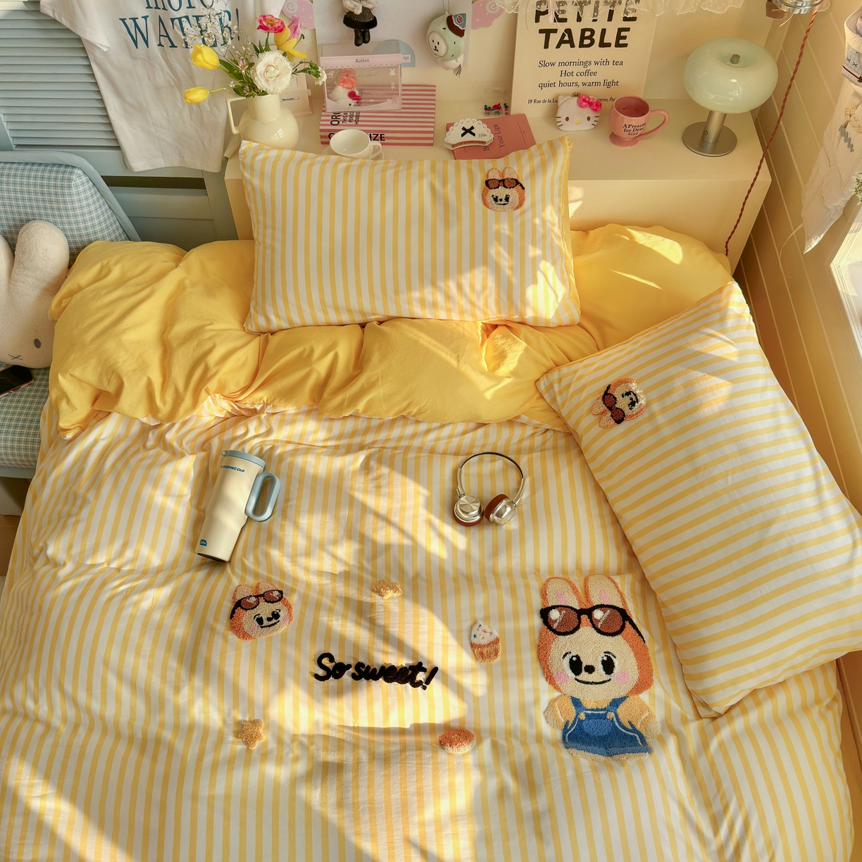 91家纺网 家纺一手货源 找家纺 优卡迪家纺馆 2026新款A类亲肤水洗棉毛巾绣系列四件套下载文件包含买家秀 布丁小熊-嫩黄