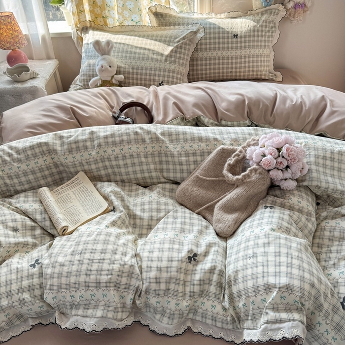 91家纺网 家纺一手货源 找家纺 一比一家纺 2026新款A类仿棉古法水洗棉法式全棉花边四件套 梦幻格趣