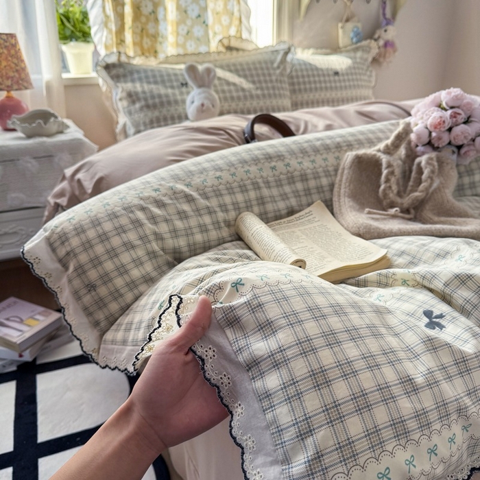 一比一家纺 2026新款A类仿棉古法水洗棉法式全棉花边四件套 梦幻格趣