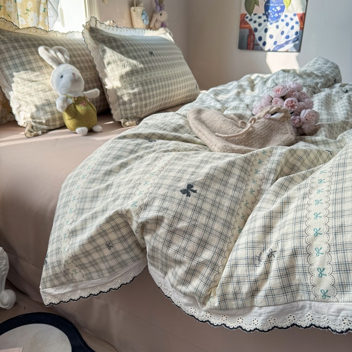 91家纺网 家纺一手货源 找家纺 一比一家纺 2026新款A类仿棉古法水洗棉法式全棉花边四件套 梦幻格趣