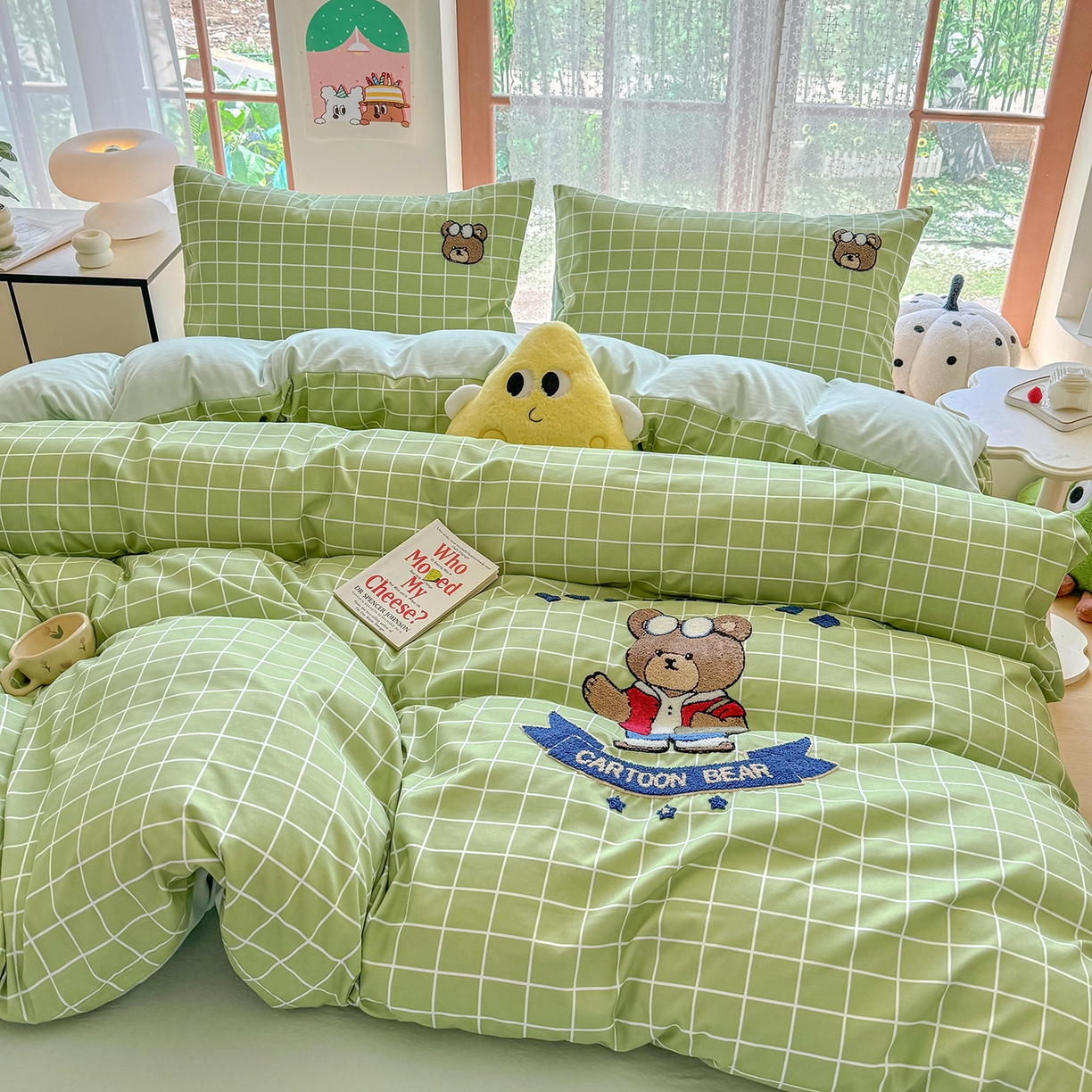 优卡迪家纺馆 2026新款A类亲肤水洗棉毛巾绣系列四件套下载文件包含买家秀 潮酷熊-浅绿格