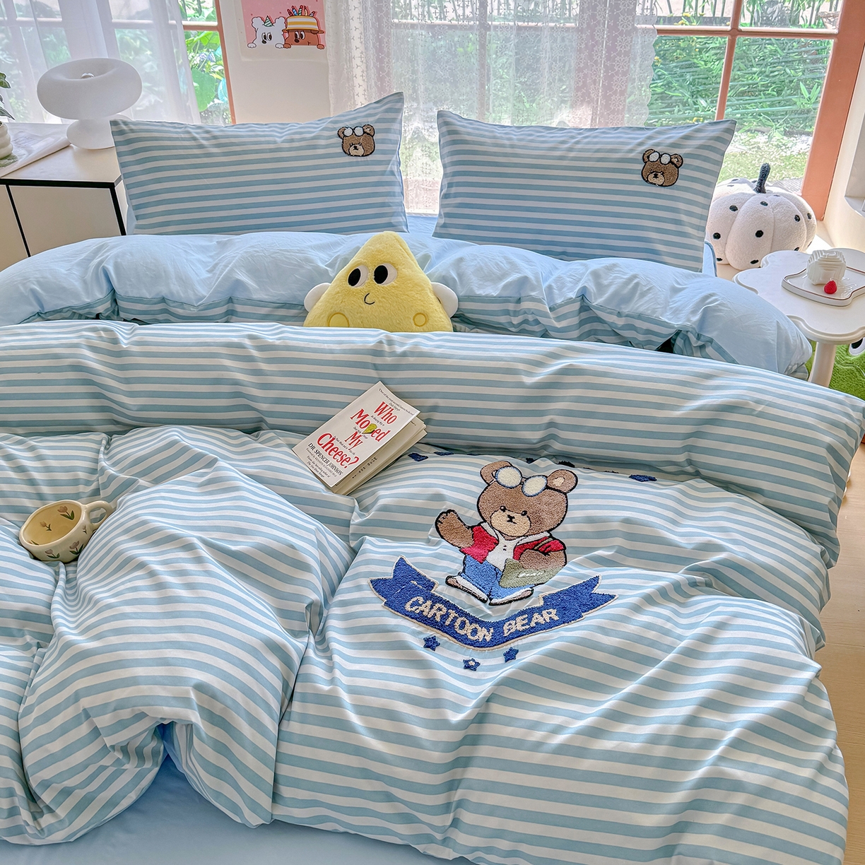 优卡迪家纺馆 2026新款A类亲肤水洗棉毛巾绣系列四件套下载文件包含买家秀 潮酷熊-水兰条