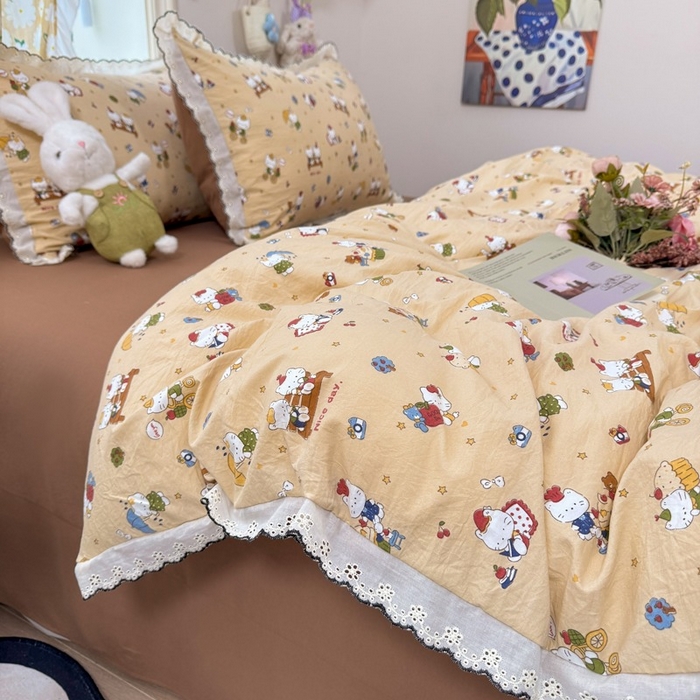 91家纺网 家纺一手货源 找家纺 一比一家纺 2026新款A类仿棉古法水洗棉法式全棉花边四件套 奶萌喵咖