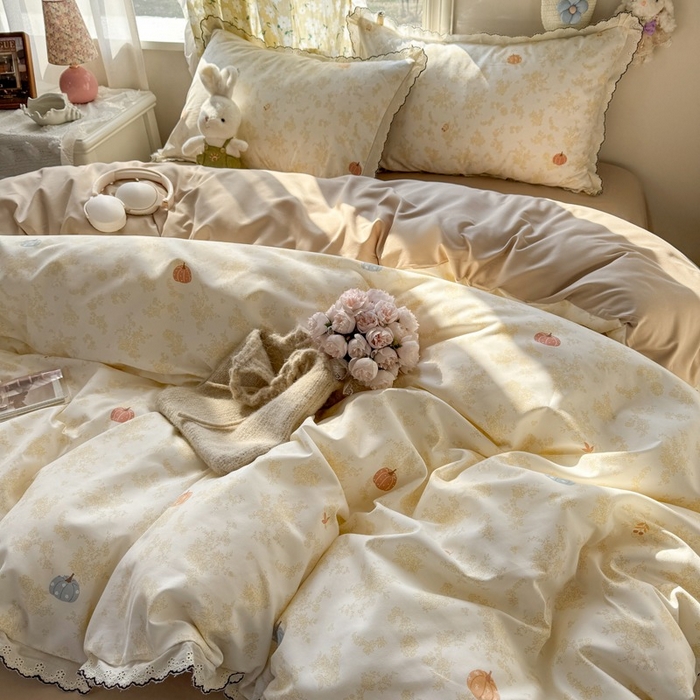 91家纺网 家纺一手货源 找家纺 一比一家纺 2026新款A类仿棉古法水洗棉法式全棉花边四件套 南瓜童话