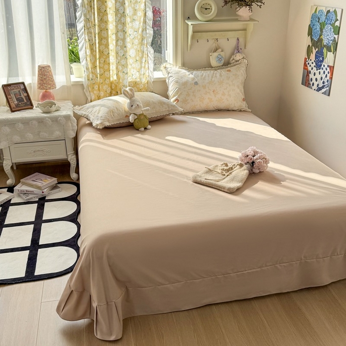 91家纺网 家纺一手货源 找家纺 一比一家纺 2026新款A类仿棉古法水洗棉法式全棉花边四件套 南瓜童话